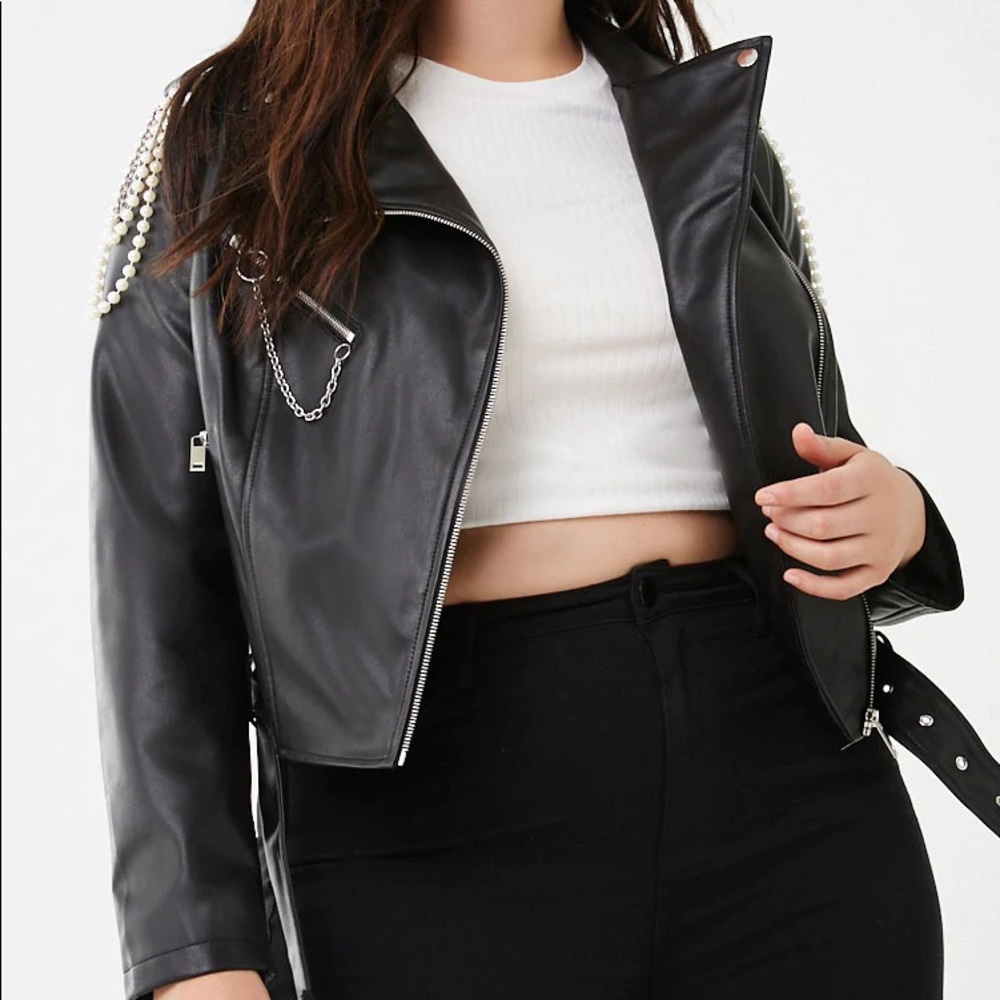 Pearl chain embellished faux leather Moto jacket